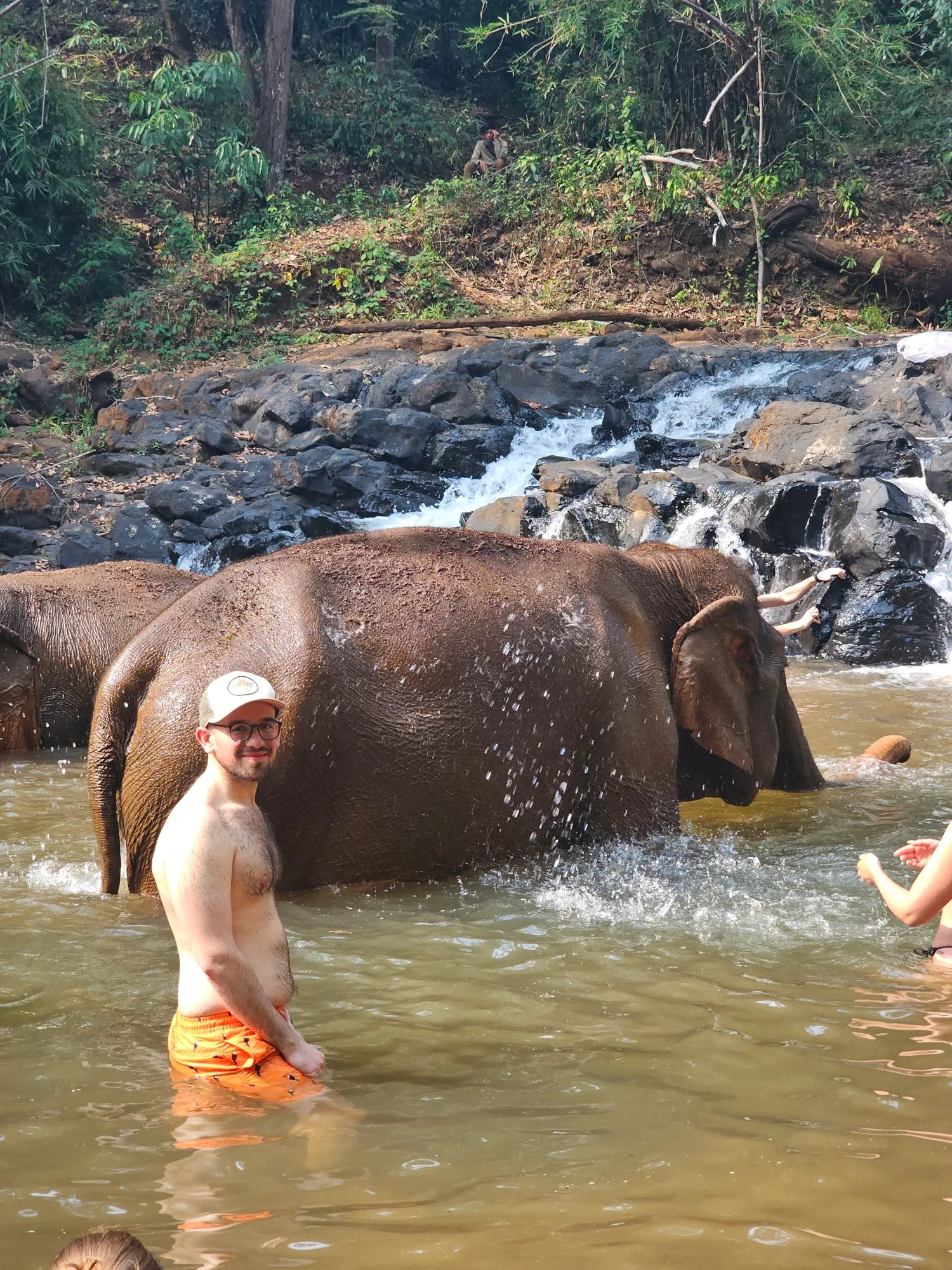 Antoine debout dans l'eau jusqu'à la taille devant deux éléphants qui se baignent, au pied d'une petite cascade bordée de rochers noirs
