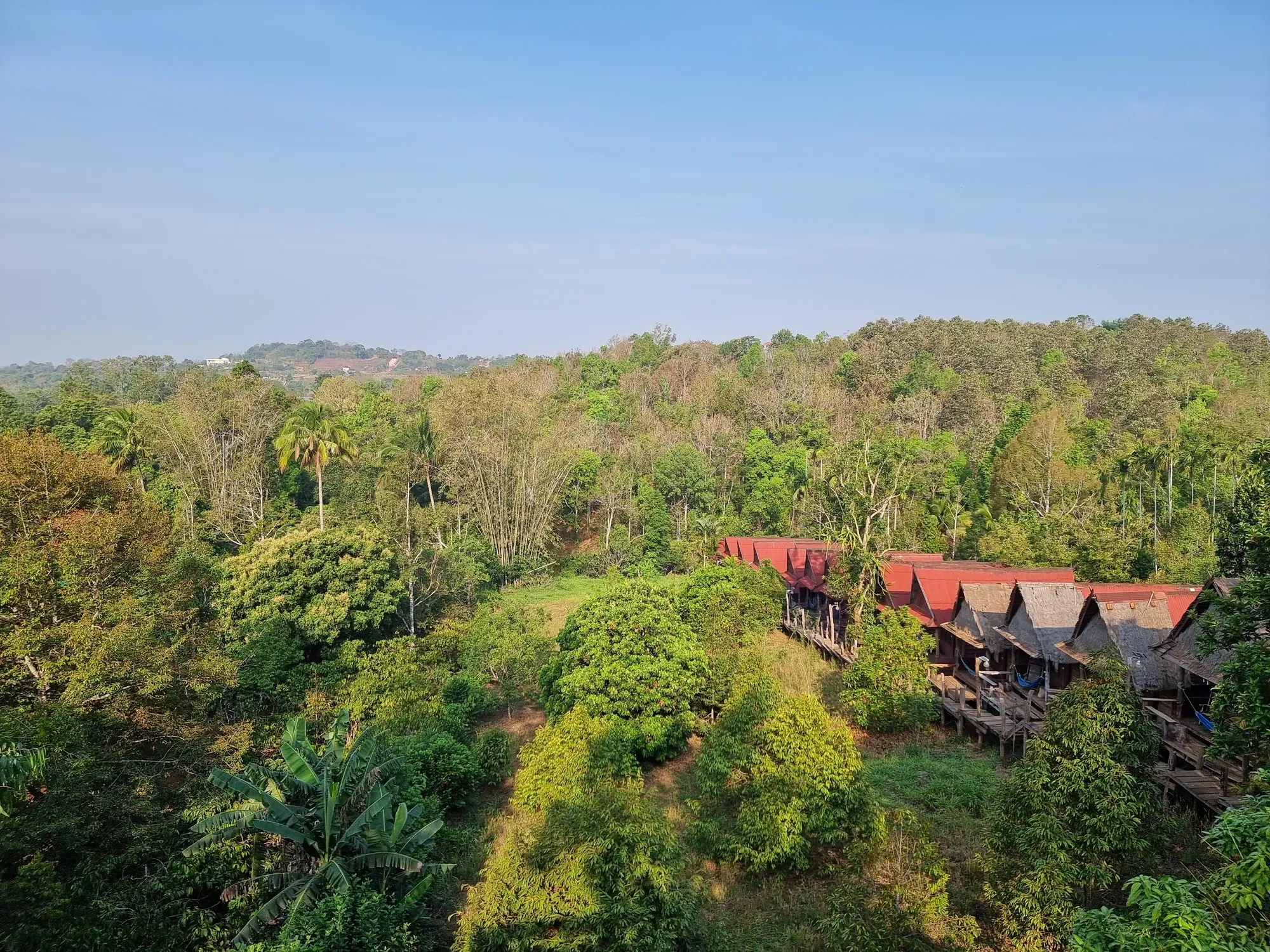 Les bungalows aux toits rouges du Tree Lodge, à Sen Monorom, vus d'en haut au milieu de la végétation, un matin de ciel dégagé