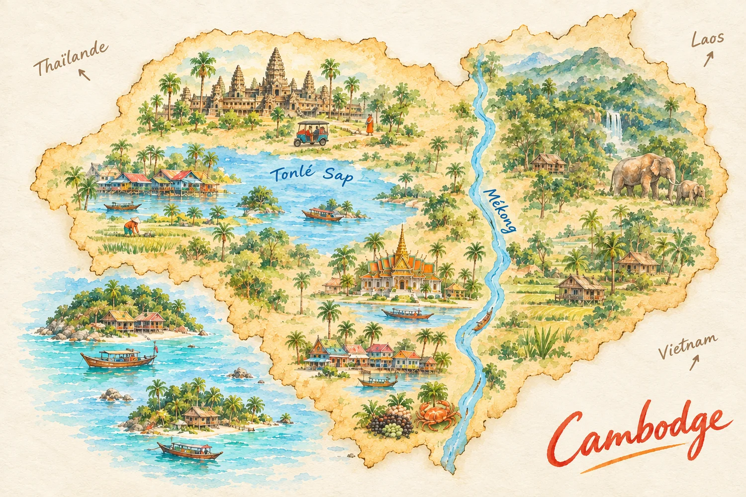 Carte illustrée du Cambodge à l'aquarelle, avec notre itinéraire en huit étapes : 1 Phnom Penh, au centre sud ; 2 le Mondulkiri, à l'est ; puis, par la route qui repasse par Phnom Penh, 3 Kampot et Kep, sur la côte sud ; 4 Koh Rong Sanloem puis 5 Koh Rong, dans le golfe de Thaïlande ; retour sur la côte et nouveau passage par Phnom Penh vers 6 Battambang, au nord-ouest ; 7 Siem Reap, au bord du lac Tonlé Sap ; 8 les temples d'Angkor, visités depuis Siem Reap, juste au nord.